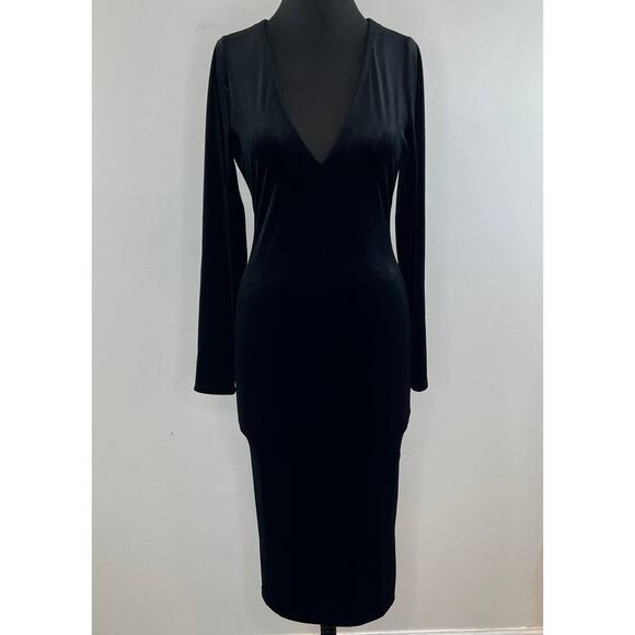 Good American Black Velvet Plunge V-Neck Long Sleeve Bodycon Midi Dress Sz 2 NEW - Picture 2 of 11
